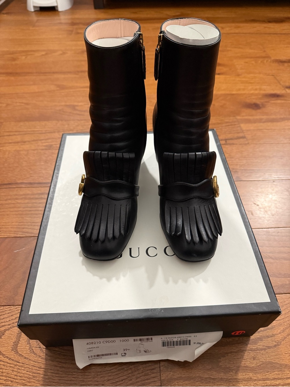 Gucci Black Leather Fringe Mid-Calf Boots with Gold Buckle